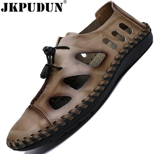 Summer Mens Sandals Genuine Leather Male Beach Sandals Soft Comfortable Mens Outdoor Hiking Sandals Slip-on Mans Hollow Slippers