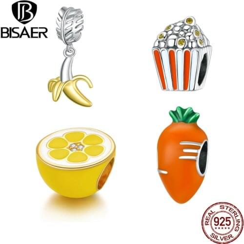 BISAER Hot Sale 925 Sterling Silver Colorful Fruit Vegetables Beads Pendants Fit Charm Bracelet Necklace Silver DIY 925 Jewelry