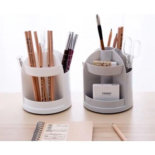 Multi-function Rotate Desktop Pen Holder Office School Storage Case Clear White Gray Plastic Box Desk Pen Pencil Organizer
