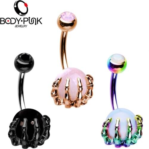 BODY PUNK 14G Belly Button Rings Piercing Kit 316L Surgical Steel belly Chains For Women Pink Opalite Claw Navel Rings Jewelry
