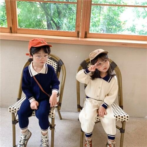 Autumn New Korean Style Kids Knitted Sweater Suit Boys and Girls Lapel Cardigan Ankle Banded Pants 2 Pce Fashion Girl Clothing
