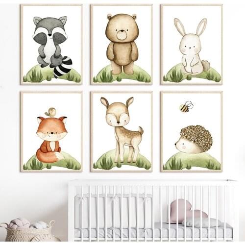 Raccoon Rabbit Fox Deer Hedgehog Animal Nordic Posters And Prints Nursery Wall Art Canvas Painting Wall Pictures Kids Room Decor