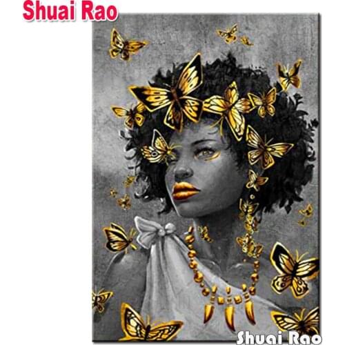 Full round square diamond Black queen wall art african fantasy butterfly Gold woman 5d Diy pictures diamond painting mosaic art