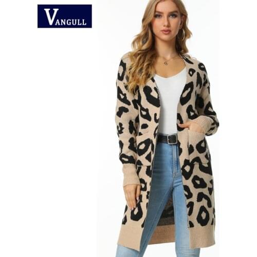 Vangull Casual Printted Long Cardigan Women Sweater Autumn Knitted Open Stitch Sweater Pocket Loose Long Sleeve Ladies Sweater