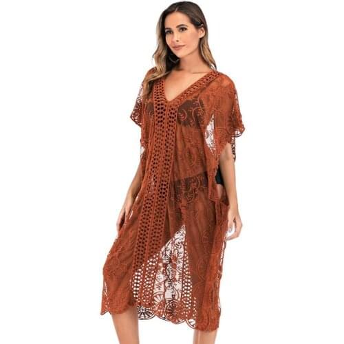 V-neck Sexy Hollow See-through Cover Up Bikini Women 2021 Swimsuit Cover-up Swimwear Irregular Sunscreen Beach Dress