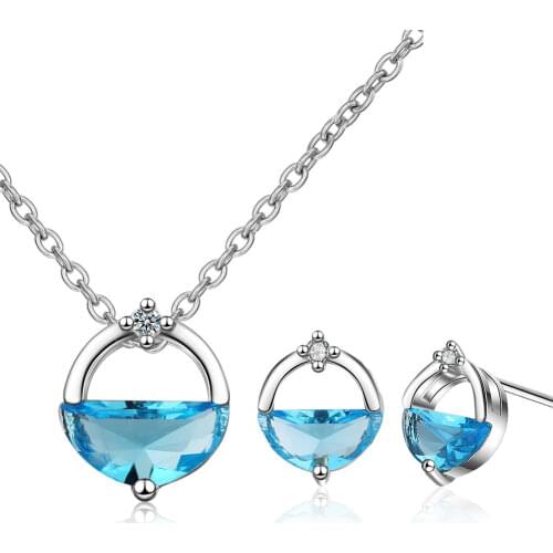 925 Sterling Silver Sets Blue Stud Earrings Wedding Necklaces Crystal Fashion Elegant Party Girl Gift Womens Jewellery
