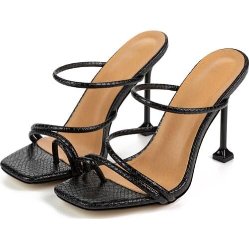 Summer Snake Print Strappy Mule Heels Stiletto Sandals Slippers Women Chaussure Femme High Heel Flip Flops Square Toe Slides