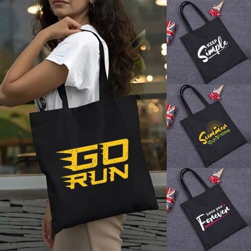 Foldable Women Bag Shopper Eco Canvas Cotton Shopper Fashion Black Printing Minimalist Style Handbag Canvas Tote Bag