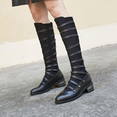 2021 Ladies Fashion Chelsea Belt Buckle Knee Boots Stitching suede Mid-Heel Boots Ladies Autumn Winter Zipper Womens Shoes
