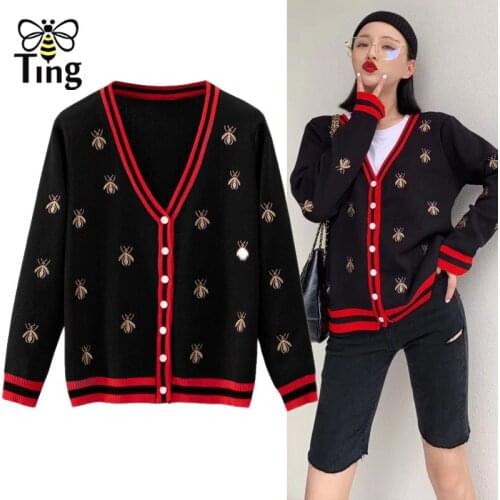Tingfly Designer Runway Bee Embroidery Crop Knitted Sweater Women Autumn Spring Singel Breasted Knitting Cardigan Fashion