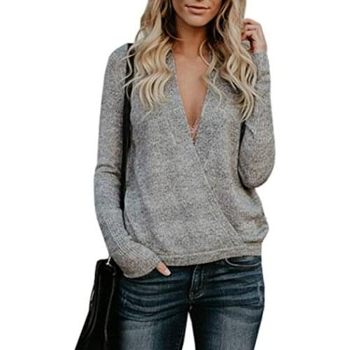 Deep V-neck Knitted Sweater Woman For Autumn Winter 2020 Solid Rabbit Flannel Stitching Cross Sweater Women Pullover Jumpers