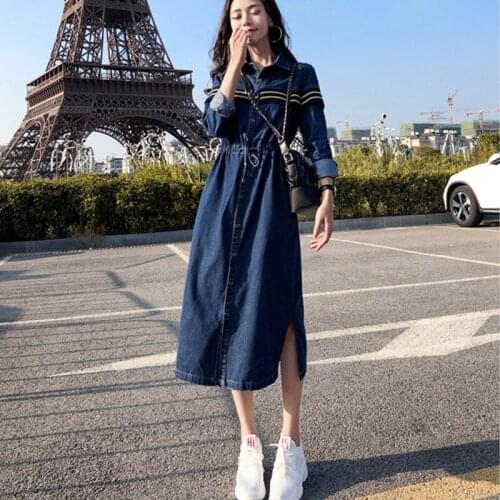 Denim dress Female Spring Autumn Large Size Single-breasted Tether Waist Long Sleeve Retro Denim Shirt Long Dual-use Dress Women