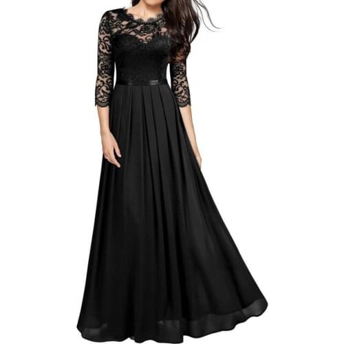 Soft Chiffon Stitching Lace Womens Dresses 2021 New Summer Fashion Round Neck Elegant Temperament Hollow Womens Long Dresses