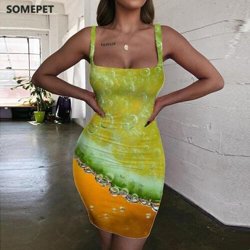 SOMEPET Beer Dresses Women Lemon Bodycon Dress Painting Ladies Dresses Creativity 3d Print Womens Clothing Mini Evening Beach