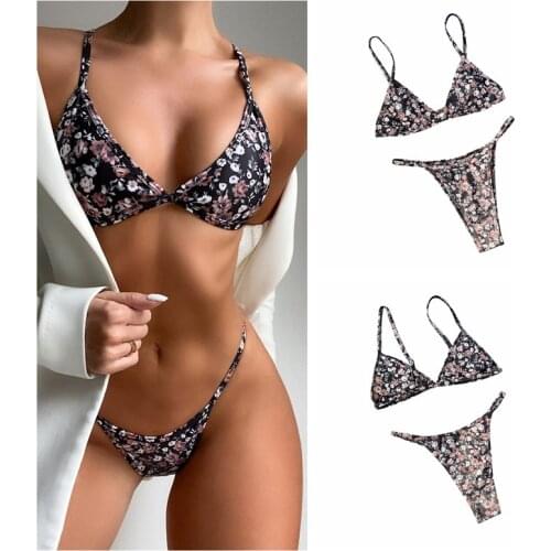 2021 Women Floral Bikini Suit Bathing Suits Swimsuit Deep V-neck Spaghetti Strap Bikini Bra + Thong Femme Maillots De Bain
