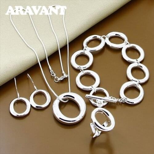 925 Silver Round O Shape Necklace Bracelets Open Rings Earrings Set For Women Fashion Jewelry Sets