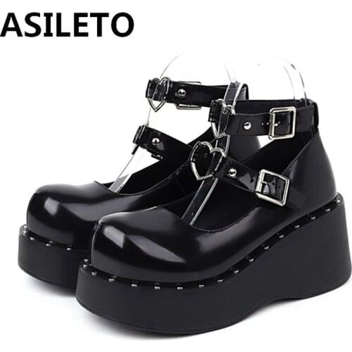 ASILETO Womens Lolita Metal Buckle Heart Gothic Punk Pumps Shoes Creepers Japanese Harajuku Platform Black Thick Bottom