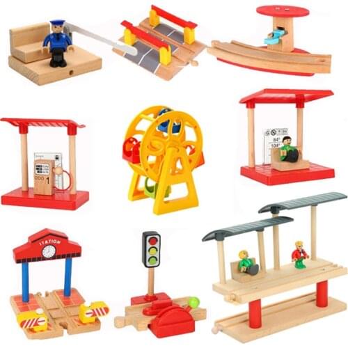Wooden Train Tracks Scene Accessories Wooden Double Platform Gas Station Airplane Airport Educational DIY Toys For Children