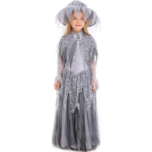 Kid Witch Ghost Bride Cosplay Outfit Grey Skull Mesh Lace Dresses Hat 2Pcs Set Carnival Disguisment Halloween Cosplay Costume