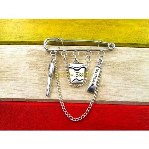 Hot sale Dental Hygienist brooch Antique silver toothbrush /Dental floss /toothpaste brooch pin brooch