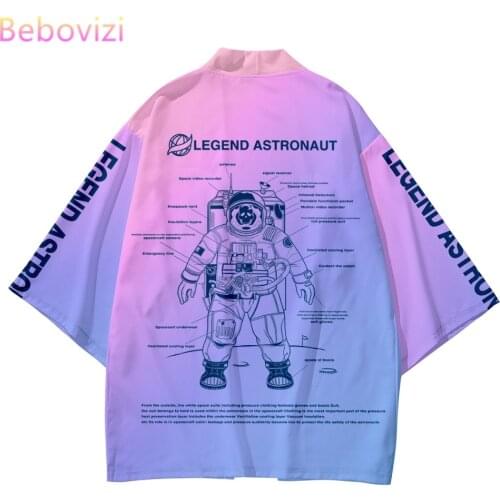 INS Astronaut Plus Size 5xl 6XL Beach Harajuku Japanese Set Fashion Kimono Men Women Cardigan Haori Obi Asian Clothes Pant Suit