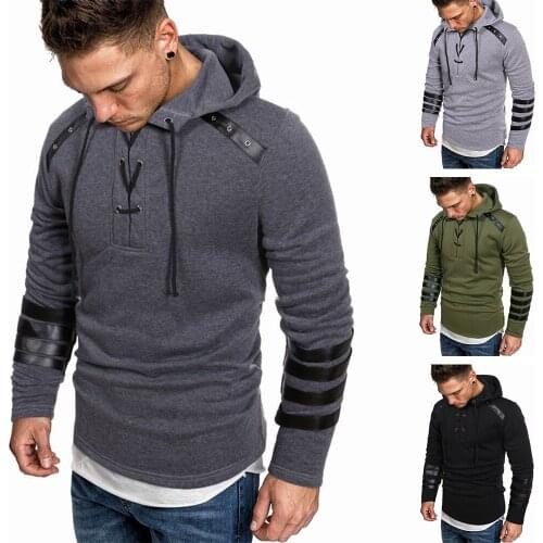 Mens Hooded Sweatshirt Long Sleeve Leather Stitching Drawstring Pullover Hoodies Casual Patchwork Tops