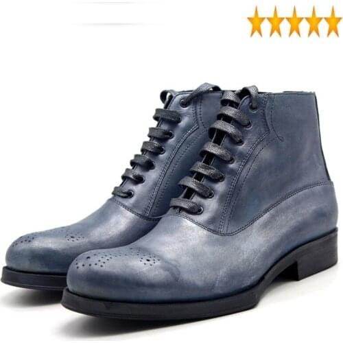 Top Vintage Oxford Handmade Carved Lace Up Work Shoes Cow Leather Winter Round Toe Ankle Men Design Boots