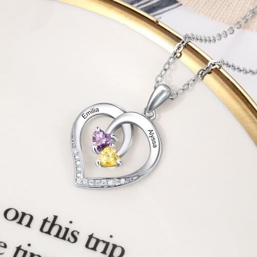 925 Sterling Silver Heart Necklace with 2 Birthstones Custom Engraved Name Necklaces & Pendants Fine Jewelry Valentines Day Gift