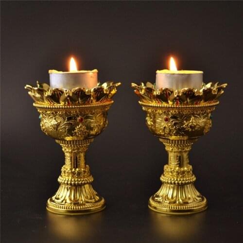High Foot Alloy Metal Lotus Candld Holders Buddhist Decorations Plated Crafts Two Piece One Set