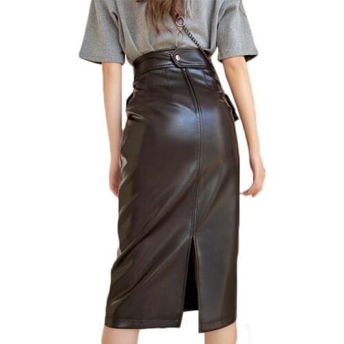 WSYORE Casual Elegant Slim Long PU Skirt Women Autumn and Winter Retro Black Split High Waist Leather Skirt Female NS3022