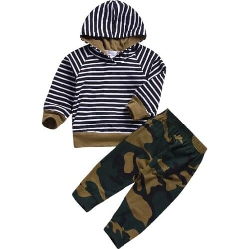 Toddler Baby Casual Clothes Sets 2Pcs 2021 Fashion Kids Boys Striped Hooded Tops And Camouflage Pants Outfits Childrens Suits