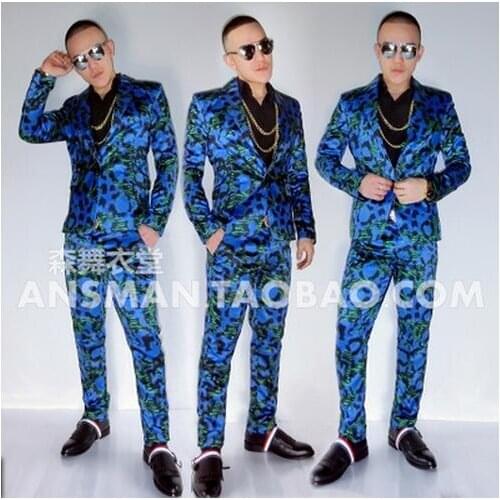 M-5XL!! 2018 male singer nightclubs with money Turquoise leopard-print suit suit costumes suit
