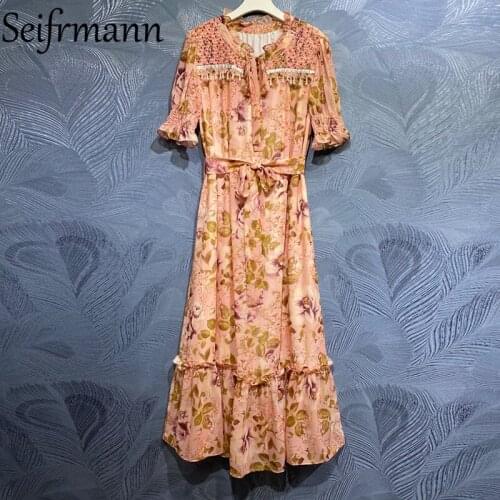 Seifrmann New 2021 Summer Women Fashion Runway Party Long Dress Flare Sleeve Bow Gorgeous Beading Sashes Print Ladies Dresses