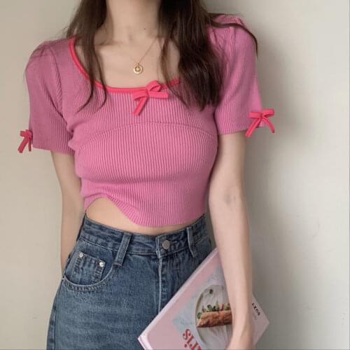 Solid Color Womens Short Sleeve 2021 Summer New Korean Sweet Low O-neck Bow Knitting Womens Shirt Match Short Womens Top