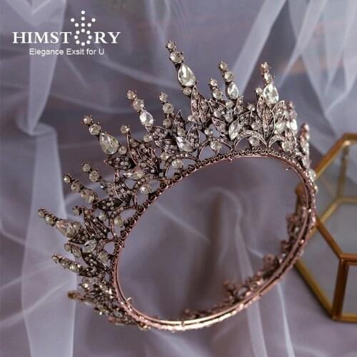 Himstory Vintage Baroque Black Crown Rhinestone Full Round Tiara Headpiece Hair Jewelry Party Evening Queen Wedding Hair Acces