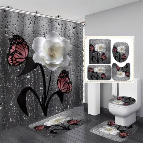 3D Butterfly Rose Pattern Waterproof Shower Curtain Non-slip Cushion Toilet Cushion U-shaped Cushion Bathroom Essential Set