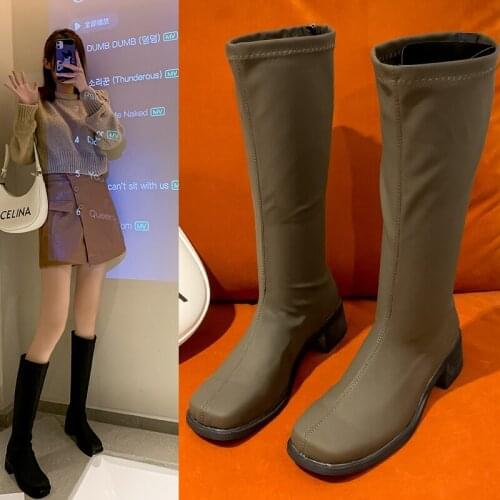 Square-toed Tall and Thin Boots Autumn and Winter 2021 New Elastic Mid-heeled Thin Knight Boots But Knee Mid-tube Boots