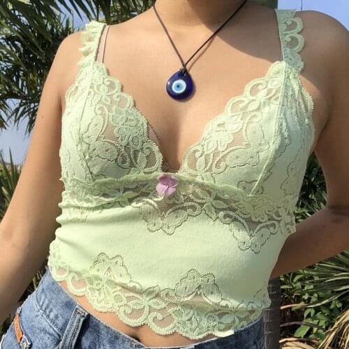 Sweet Lace Spaghetti Strap Deep V-Neck Cami Tops Y2K Fashion Solid Slim Cropped Top Sexy Green Tanks Vintage