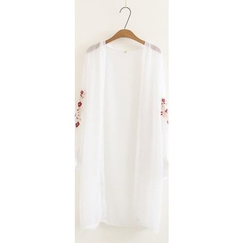 Summer Kimono Cardigan Women Floral Embroidery Chiffon Blouse Korean Flare Sleeve Long Shirt Beach Long Blouse Fashion Design