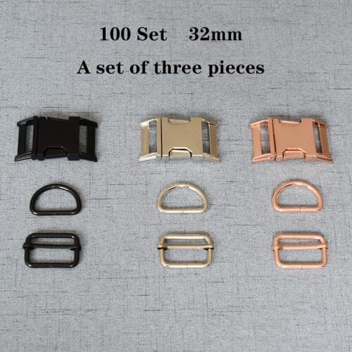 100 Sets 32mm Metal D Ring Adjustable Release Buckle DIY Dog Collar and Leash Handbag Accessories 3JT32mm03L
