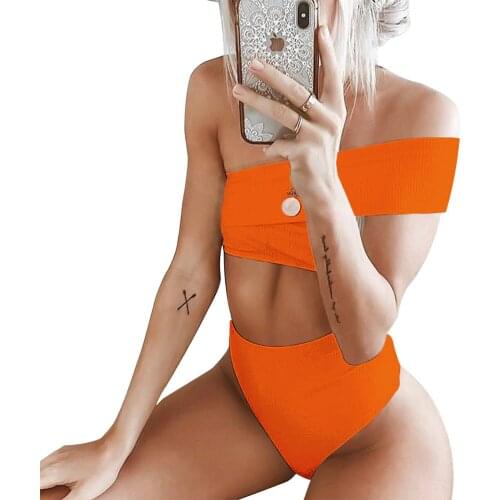 Hot Sale Irregular One shoulder bikini 2020 High-waist Bikini Swimsuit Solid Color Bathing Suit White Push Up Female Swimwear
