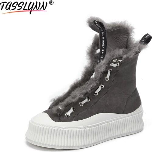 TASSLYNN Shoes for Women Round Toe Lace-Up Fur Snow Boots Platform Boots Wool Womens Platform Heels Winter Shoes for Women