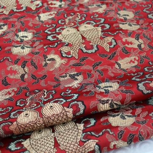 CF175 1Yard Red The Carp Chinese Festival Clothing Silk Jacquard Satin Fabric Garment Chinese Style Fabric For Cushion Cover