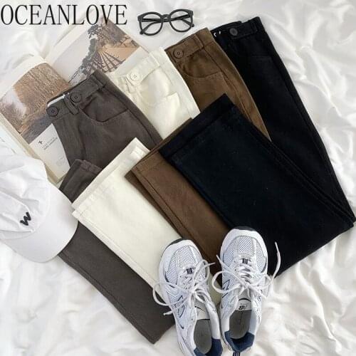 OCEANLOVE Denim Pants Women Vintage Korean Fashion Autumn All Match Pantalones De Mujer High Waist Casual Straight Pantalones