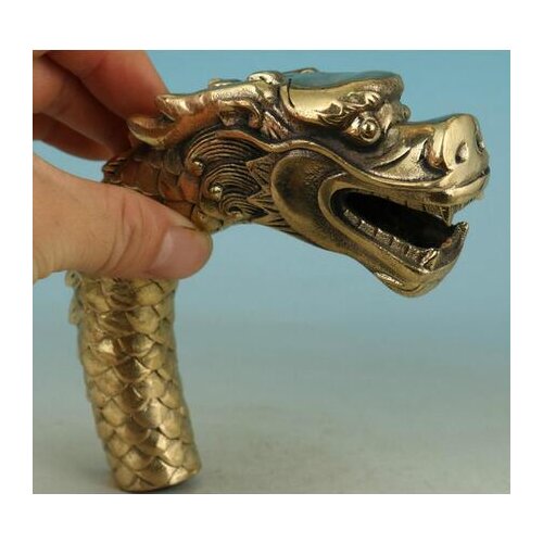 Bronze Pure Copper Old Qing Ming Brass Old Cool Asian Chinese Old Brass Handmade Casting Dragon Walking Stick Head Statue