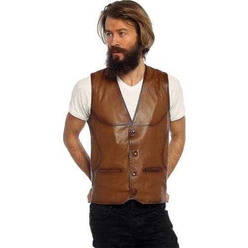 Genuine Soft Leather Handmade Brown Man Vest Biker Style High Quality Lambskin Button Autumn Winter Gift
