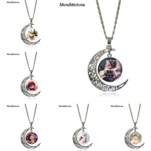 Mendittorosa Cute Small Cat Fashion Glass Cabochon Moon Pendant Necklace Women Silver Color Choker Necklace