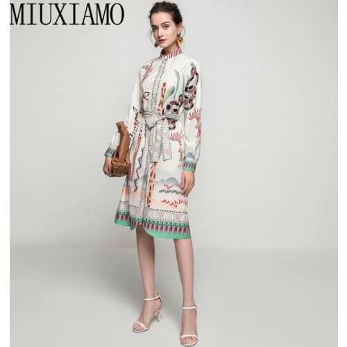 MIUXIMAO 2021 Spring Fashion Holiday Style New Women Single Breasted Shirt Print Retro Elegant Fashion Casual Belt Midi Dress