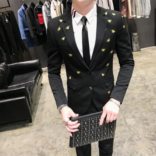 Gold Bee Embroidery Mens Black Slim Fit Man Suit For Men Groom Wedding Dress Terno Masculino