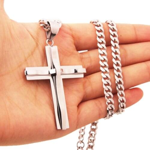 Mens Crucifix Pendant Necklace Cuban Style Delicate Chain Heavy Stainless Steel Lucky Gift Hip-Hop Boy Jewelry Accessories